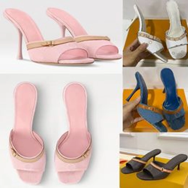 x TM Mule high heeled designer womens pink denim 6AM mules 1ADIFX Signature Leather outsole models stiletto heel feminine style casual chic mule with box