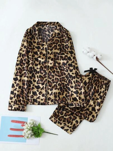 Leopard Print Women Long Sleeve Top & Pants Pajama Set, Fall Clothes