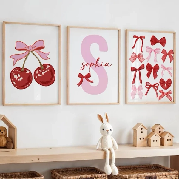 Bows Prints, Bows Nursery Decor, Bows Wall Art, Red Cherry Print, Pink Bow Wall Art, Red Bows Print, Bows Girls Room Decor, Cherry Wall Art
