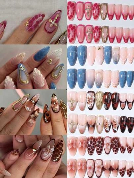 96pcs(4mixed ) Long Almond 3d Gelnails Makes Flower Nails Design French Tip Press On Nails Almond Three-Dimensional Alloy Cross Decoration With Pearl Design Fit Perfectly Acrylic False Nails Set,Include: 1pc Jelly Glue And 1pc Nail File, French Almond Tip Nails For Woman Girl Daily Work Festivals Party Use