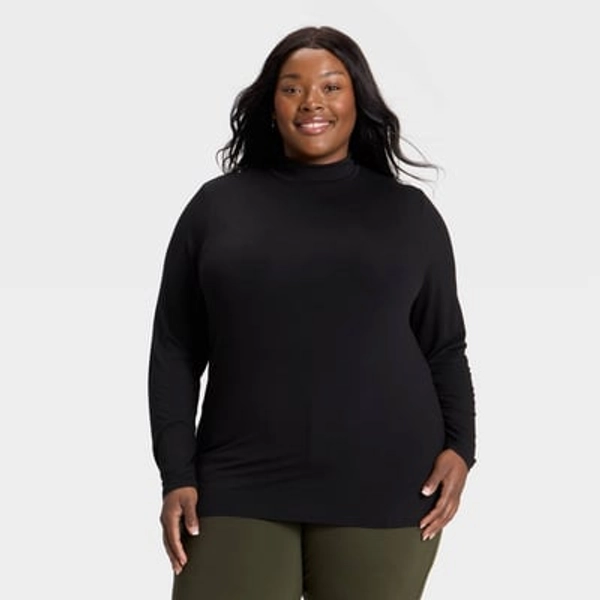 Women's Slim Fit Long Sleeve Mock Turtleneck T-Shirt - Ava & Viv™ Black 1X