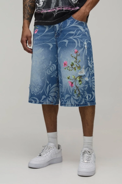 Longline Floral Embroidered Denim Jorts