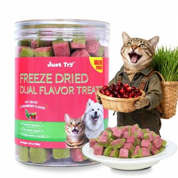 Freeze Dried Cat Treats, High Protein Cat Snack For Indoor Cats, Cat Food Topper With Cat Grass & Cranberry, 3.52 Oz