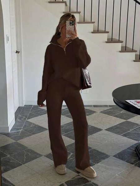 Fall/Winter Women's Casual Cute 2 Pieces Sets Streetwear Y2K Clothes Solid Color Half-Zip Ribbed Knitted Sweater Loungewear Top Pullover Long Sleeves Knitted Pants
