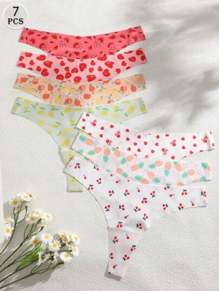 FINETOO 7pcs/Set Women Seamless Fruit Print Sexy Thongs Panties, Summer