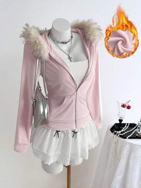 Sweetra Vintage Cropped Hoodie Fuzzy Zip-Up Sweatshirt Jacket For Women, Pink, Autumn/Winter