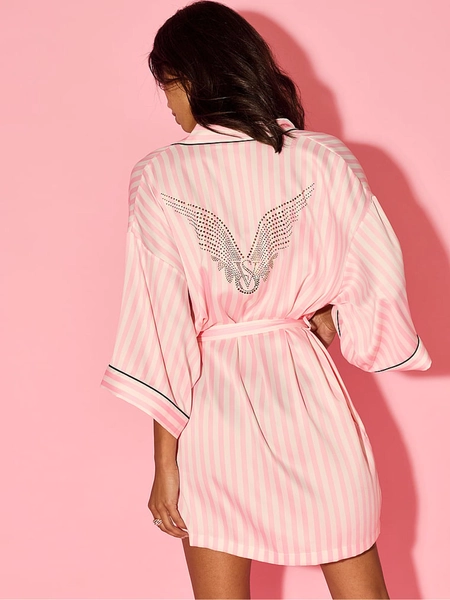 Pink Iconic Stripe Fashion Show Satin Short Piped Robe
