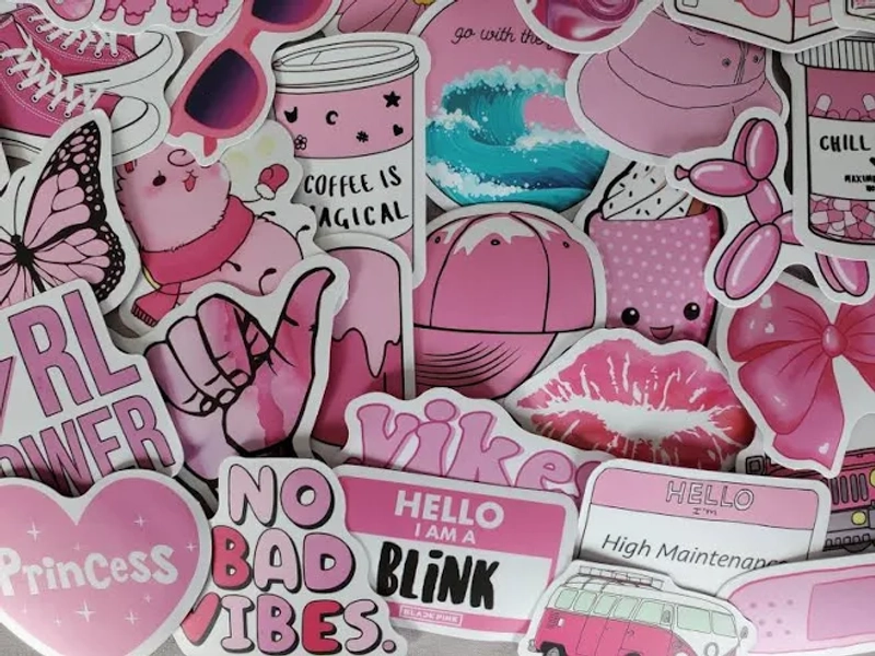 Pink Stickers - Set of 50 Stickers - Vinyl & Waterproof