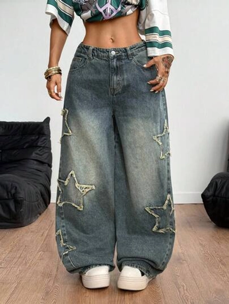 Coolane Women's All-Season Streetwear Casual Rapper Vintage Y2k Athleisure Grunge Star Pattern Washed Baggy Jeans,Halloween Outfits