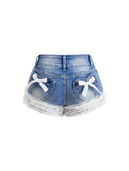 ROMWE Kawaii Girls Casual Cute Bow Decor Heart Patch Pocket Lace Trim Denim Shorts - Size L