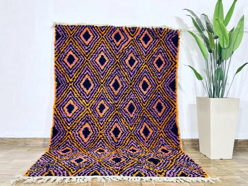 Luxury Moroccan Beni Ourain Rug – Handwoven Diamond Pattern in Lux Wool | Black, Purple & Orange Berber Carpet - Etsy Italy