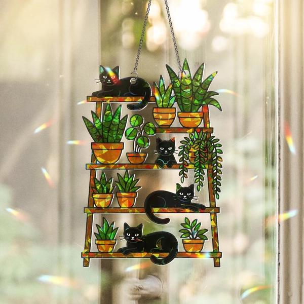 Cat & Plant Window Decor: Holographic Acrylic Window Hanging - Etsy
