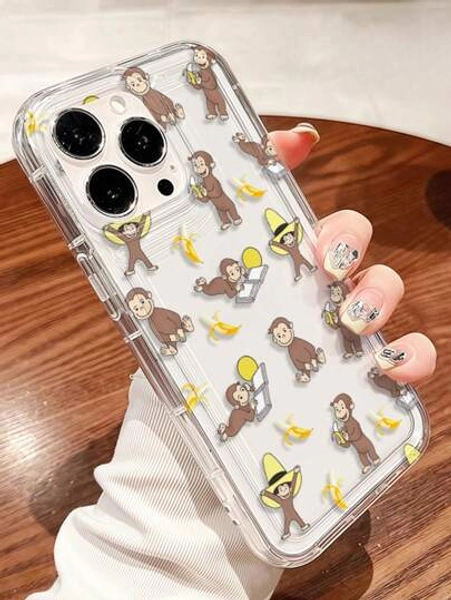1pc Cartoon Banana Monkey Pattern Transparent Air Cushion Full Coverage Anti-Fall TPU Phone Case Compatible With IPhone 17 16 15 14 13 12 11 Pro Max, Compatible With Samsung Series