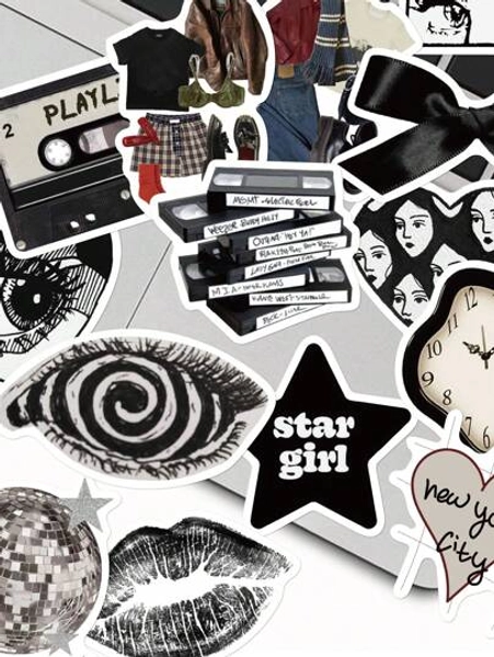 50pcs Y2K Aesthetic Matte Black & White PVC Stickers With Rock, Fashion And Music Designs, Suitable For Skateboard, Guitar, Luggage DIY, Projects And Outdoor Decoration Guitar Stickers