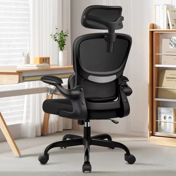 KERDOM Office Chair, Breathable Mesh Comfy High Back Chair with Lumbar Support, Flip-up Armrests, Desk Chair for Adults Home Office,  Black