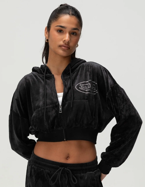 VON DUTCH Crushed Velour Womens Crop Zip-Up Hoodie - BLACK