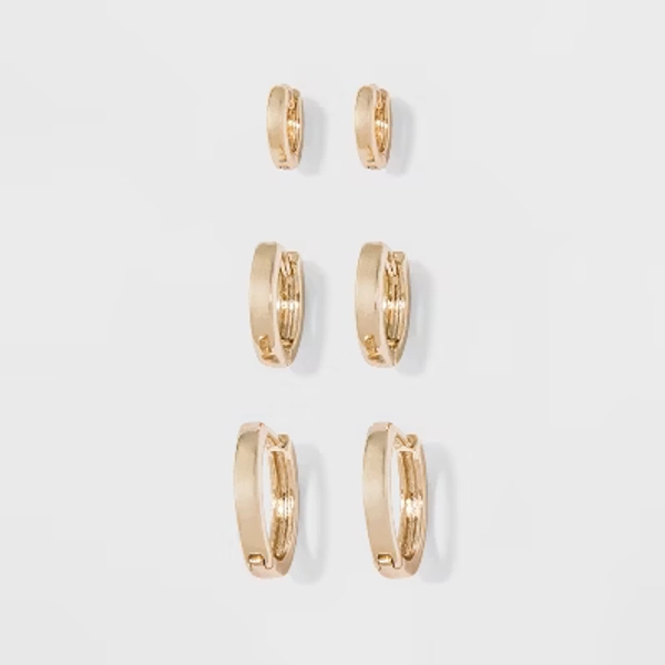 Small Hoop Earring Set 3pc - A New Day™ Gold: Brass Nickel-Free Metal, Hinge Closure, 16+ Age, 0.58" Length, 0.62" Width