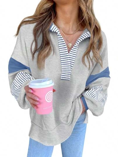 Fisoew Women's Oversized Sweatshirt 2024 - V Neck Long Sleeve Color Block Pullover, Y2K Loose Fit Casual Top, Streetwear Loungewear, Spring Fall Breathable Knit