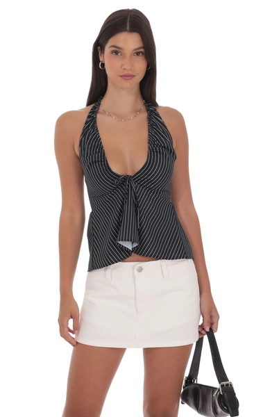 Pinstripe Scrunch Halter Top in Black | LUCY IN THE SKY