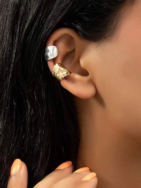 2 Pcs Golden Silver Color Minimal Ear Cuff Earrings Set For Women