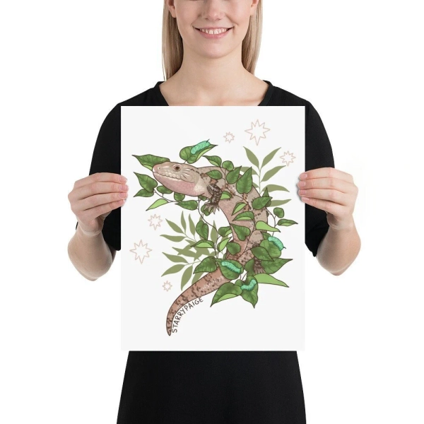 PRINT Blue Tongue Skink with Pothos and Hornworms Reptile Lizard Art