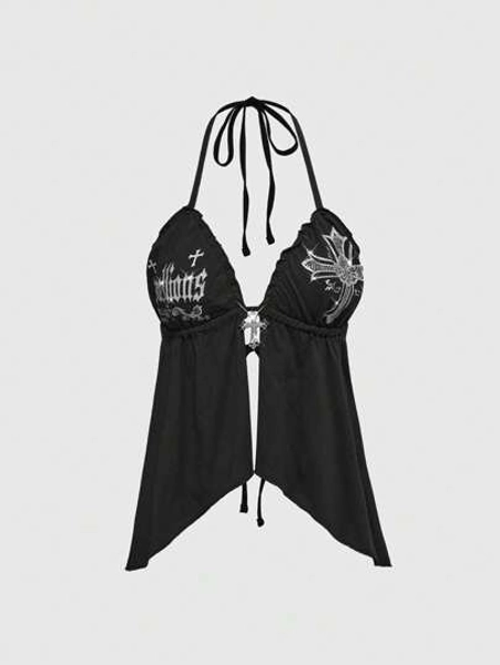 Y2K Style Sexy Gothic Cross Print Rhinestone Embellished Halter Camisole
