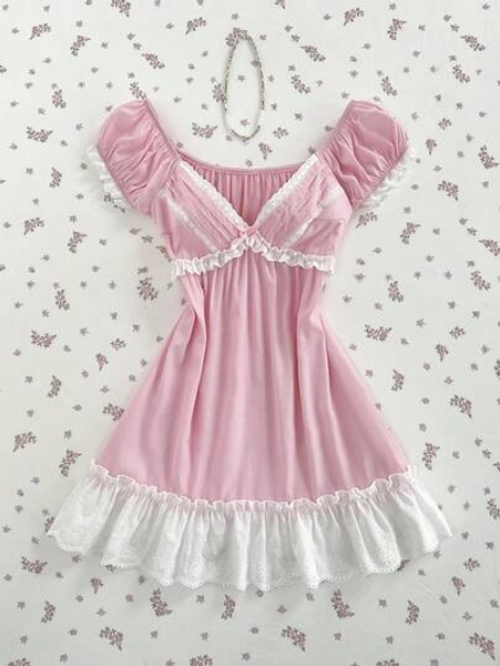 Elamini Women's Fashion Sexy V-Neck Bow Tie Mesh Embroidery Mini Dress - Size L