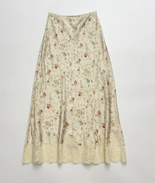 Women Doen Silk Floral Contrasting Lace Midi Skirt