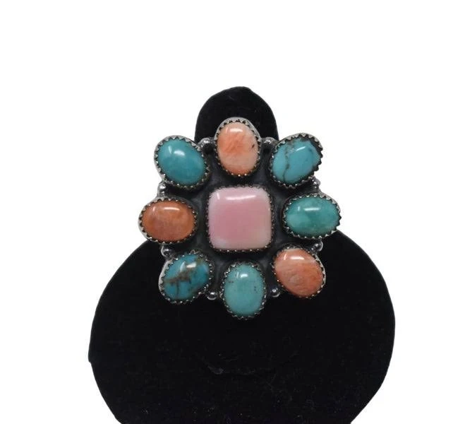 Pink conch with orange spiny and turquoise cluster Ring