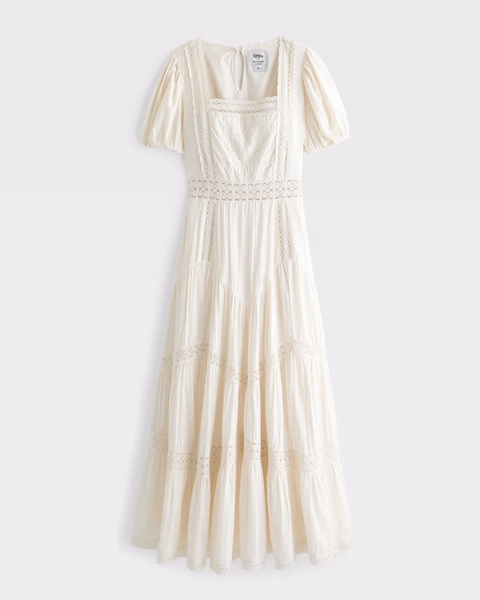 Puff Sleeve Lace-Pieced Maxi Dress
