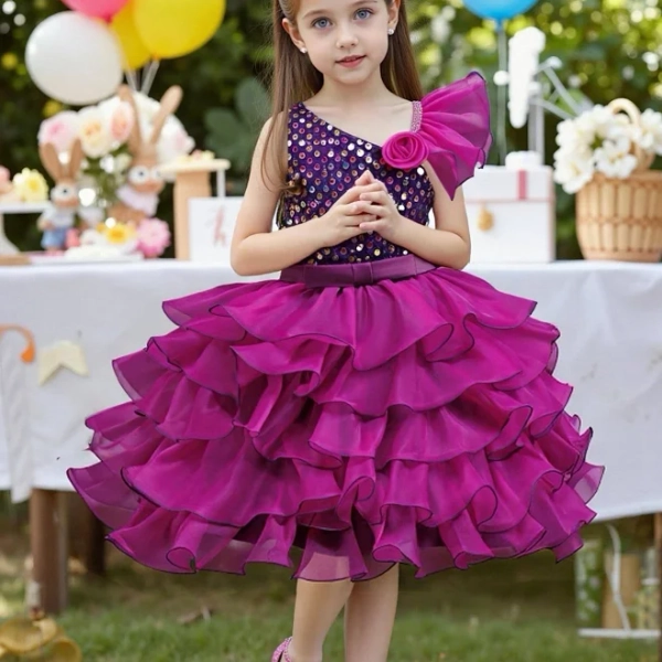 Girls' Asymmetrical Neckline Sequined Floral Princess Gown
