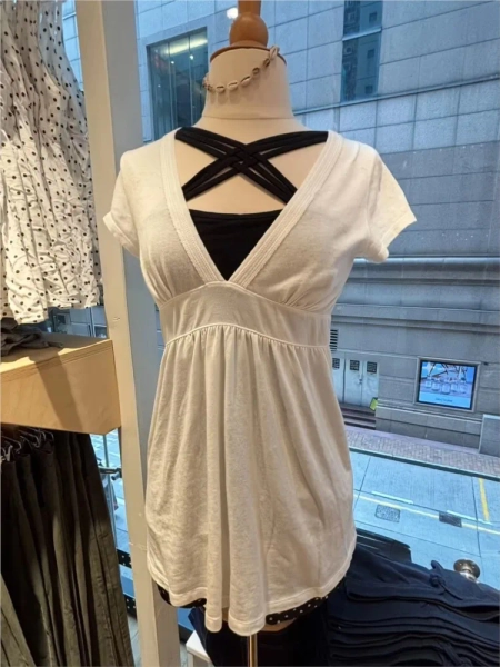 White Fold Long T-shirts Women Summer Sweet Deep V-neck Short Sleeve Slim Tee Shirts Casual Simple All-match Cotton Tshirt y2k - AliExpress 200000345