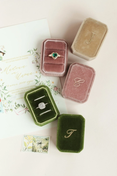 Wedding ring box for ceremony, Velvet ring box 3 slot, Triple ring box, Engagement gift for her, Ring bearer box
