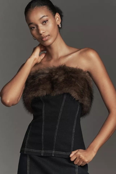 Pilcro Strapless Faux-Fur Trim Denim Top