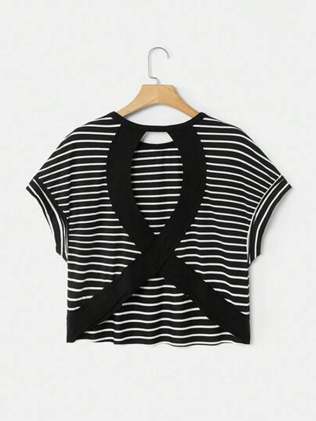 SHEIN Essnce Women's Casual Striped Batwing Sleeve Hollow Back T-Shirt, Summer