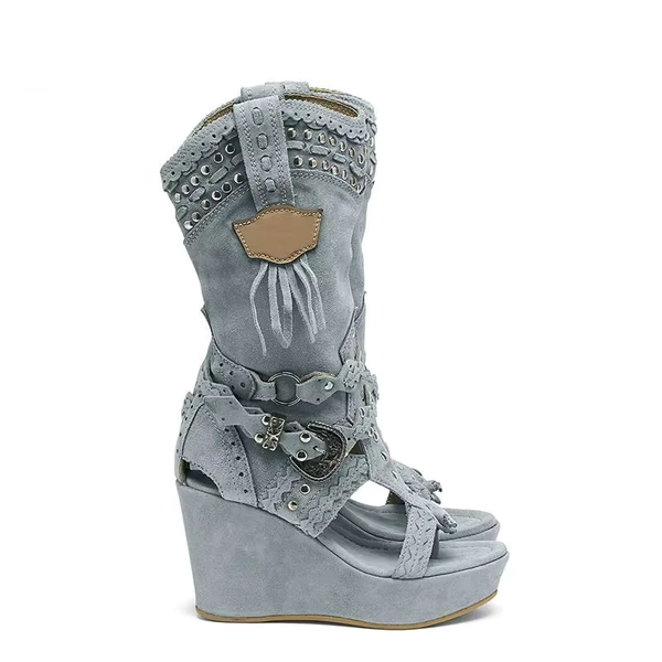 Zipper Shoes Boots Women New 2025 Round Toe Large Size Elegant Wedge Cowboy Ladies High Heel Shallow PU Canvas Casual Fabric Sol - AliExpress 322