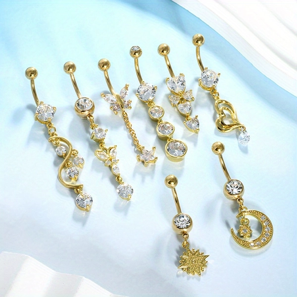 8pcs 14G Surgical Steel Belly Button Rings Long Dangle CZ Crystal Navel Piercing Jewelry for Women, Party Photo Booth Props