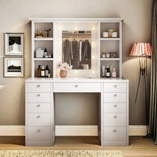Latitude Run Spacious Vanity Desk with LED Lighted Mirror, 11 Drawers, and 3 Color Lighting