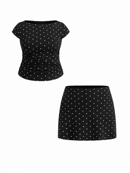 Knit Fabric Cotton-blend Boat Neck Polka Dot Ruched Tee & Mini Skirt Curve & Plus For Daily Casual