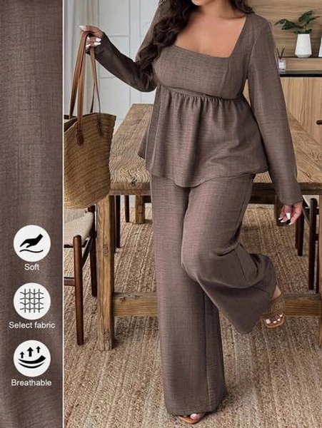 EMERY ROSE 2pcs Plus Size Set: Square Neck Long Sleeve Top And Wide Leg Pants, Solid Color