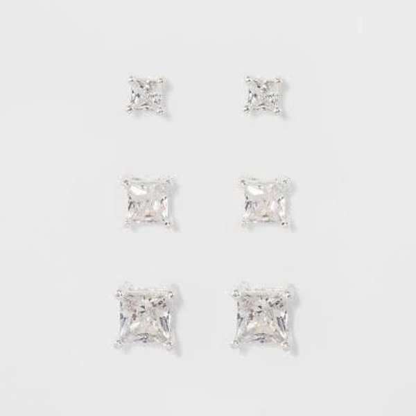 Crystal Square Stud Earring Set 3pc - A New Day Silver: Nickel-Free Metal, Cubic Zirconia, Post Closure, 0.25" Size