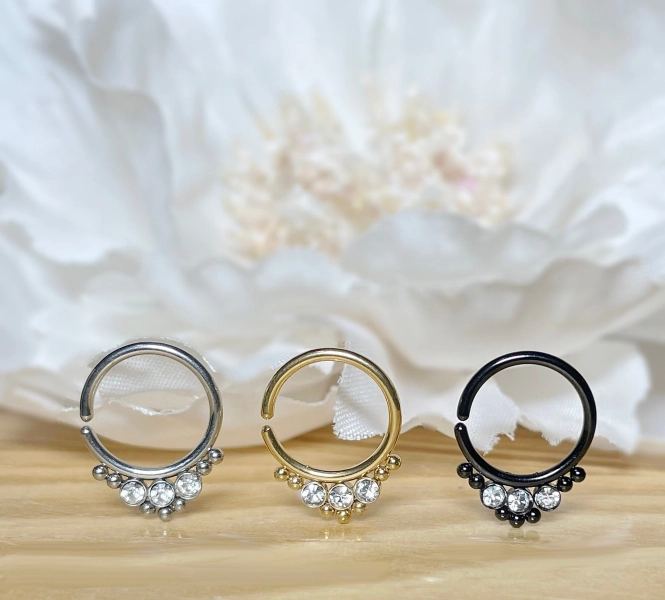 16G 18G 8mm Bendable Hoop Round CZ with Cluster Beads • Cartilage, Nose Septum • 316L Surgical Steel • Silver, Gold, Black Colors