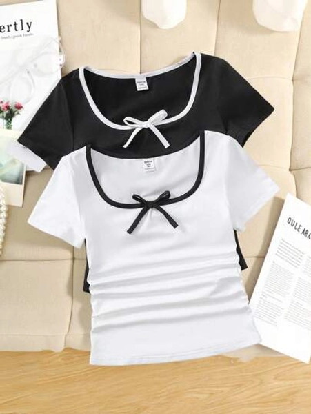 2pcs Tween Girl Casual Simple Comfortable Contrast Binding Bow Decor U-Neck Square Collar Ruched Short Sleeve Knit T-Shirt Set