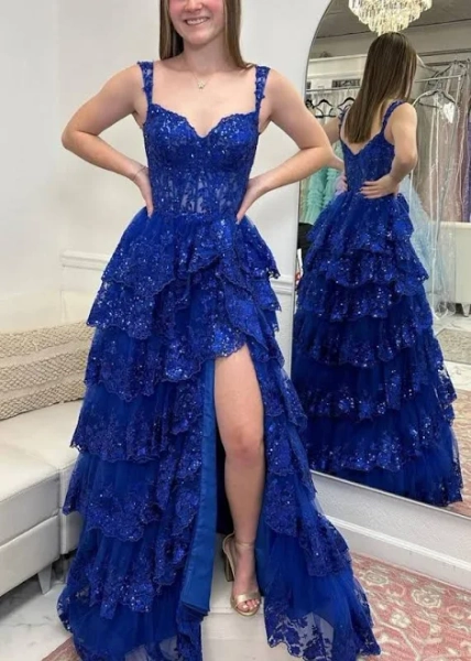 Off-the-Shoulder A-Line Tiered Lace Prom Dress with Slit
