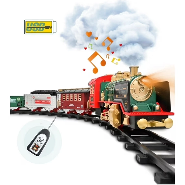 Train Set Toy, Remote RC Train Set Locomotive Rechargeable W/ Smoke, Lights, Sounds Railway for Boys Girls Age 3 4 5 6 + Kids