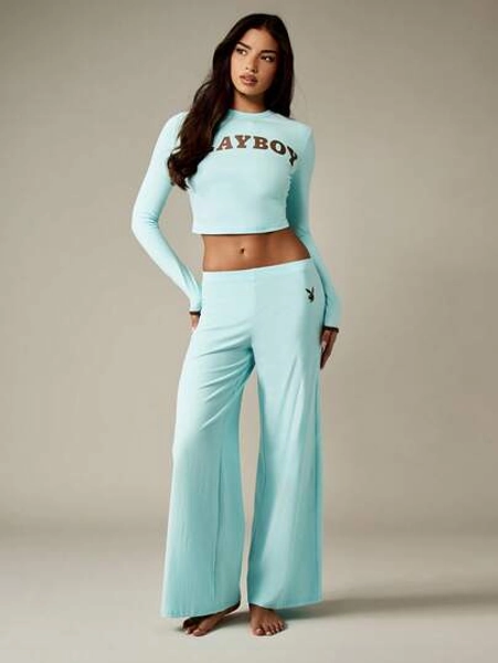 Missguided x Playboy Cotton Long Sleeve Crop Top Wide Leg Pajama Set Comfy Lounge Wear Winter Holiday Sleepwear Sleep Set Lounging Cozy Home Wear, Fall Clothes