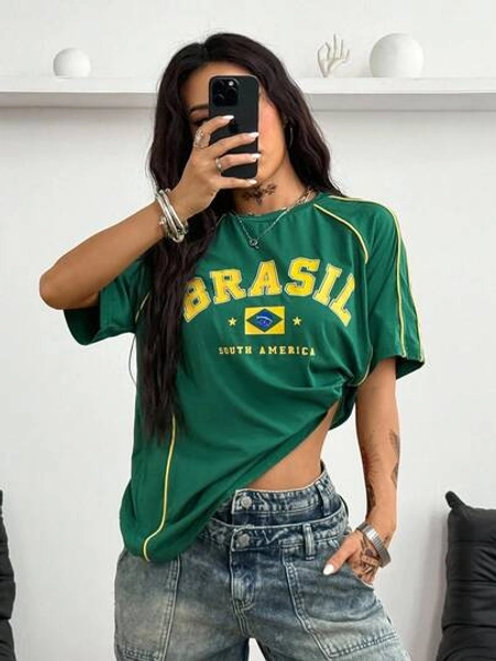 Coolane Women's & Men's Summer Couple Same Style Streetwear  Game Day  Back To School Cotton Banded Texture Decoration	 Oversized Green  Jersey T-Shirt