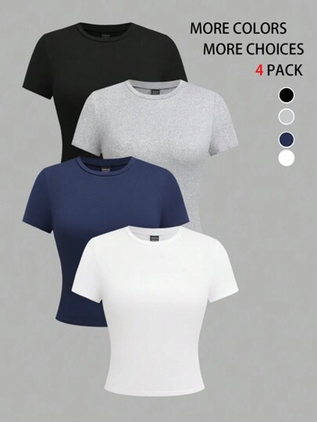 GlowEve 4pcs Women Solid Color Short Crew Neck Short Sleeve Fitted Undershirt Set