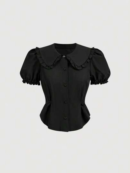SHEIN MOD Peter Pan Collar Slim Fit Puff Short Sleeve Black Shirt, Summer,Short Sleeve Tops Goth Goth - Size S