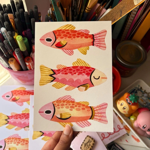 cute illustrated fishies art print
